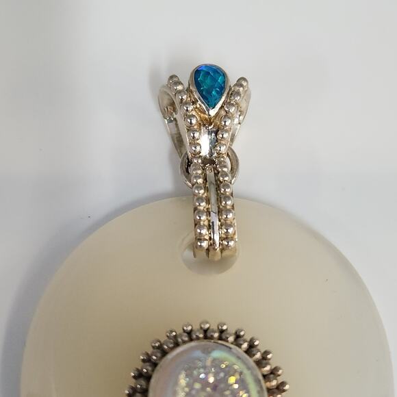 Handcrafted 925 Silver Pendant Featuring White Agate Druzy Crystal & Blue Topaz - Picture 4 of 8
